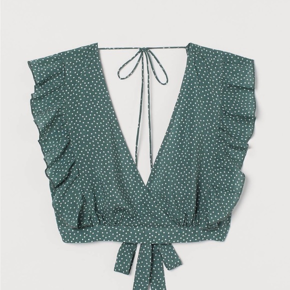 H&M Green Polka Dot Patterned Beach Ruffle Tie Top - Picture 1 of 8